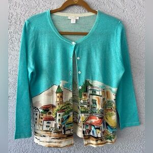 Garnet Hill Italian Merino Wool Scenic Village Cardigan Sweater Womens M Teal